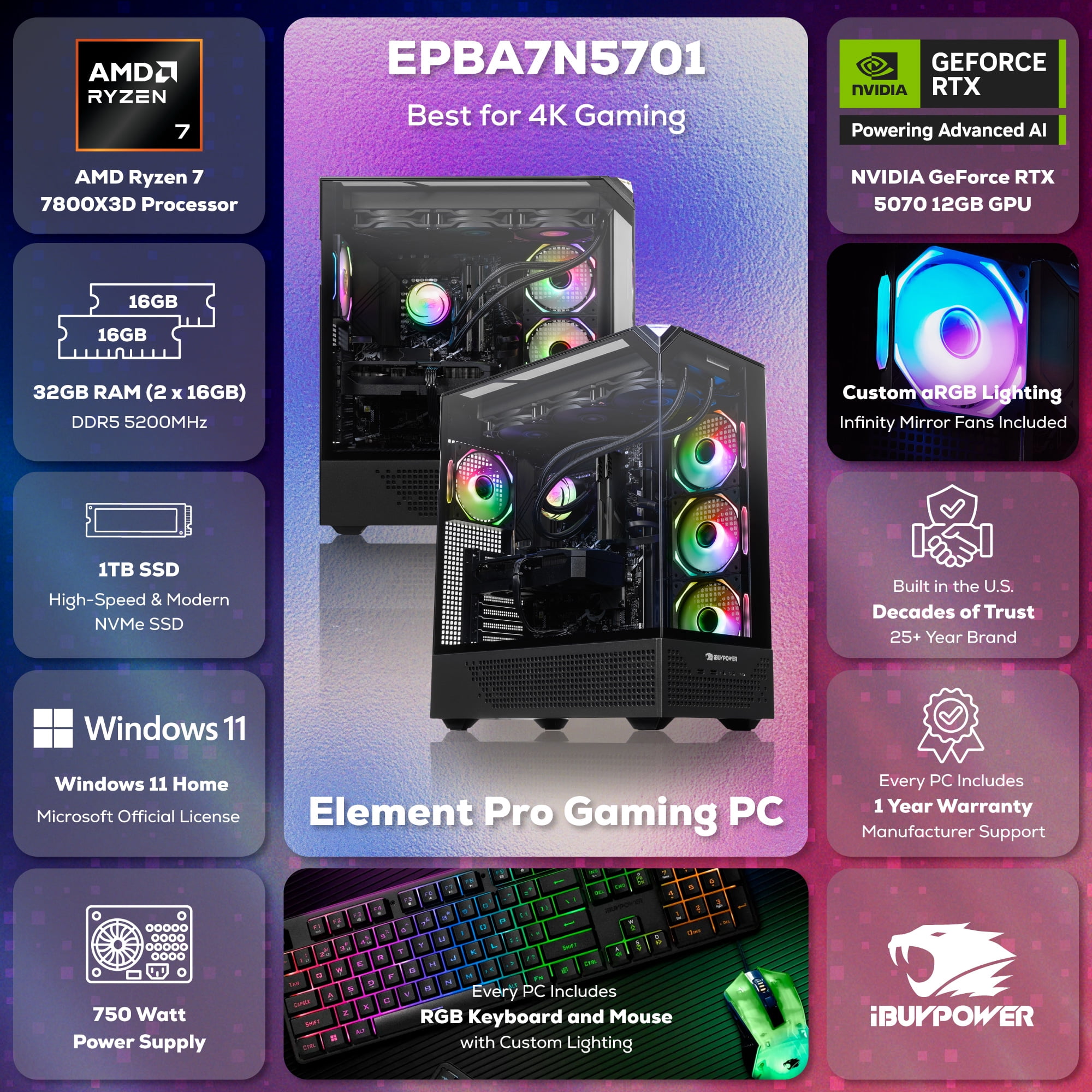 iBUYPOWER Element Pro Gaming PC Desktop, AMD Ryzen 7 7800X3D, NVIDIA GeForce RTX 5070 12GB, 32GB DDR5 RGB RAM, 1TB NVMe SSD, EPBA7N5701
