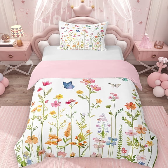 Erosebridal Colorful Butterfly Twin Bedding for Kids Girls, Garden Rainbow Floral Duvet Cover Set, Pink Reversible 2 Pieces, 1 Duvet Cover and 1 Pillowcase, No Comforter