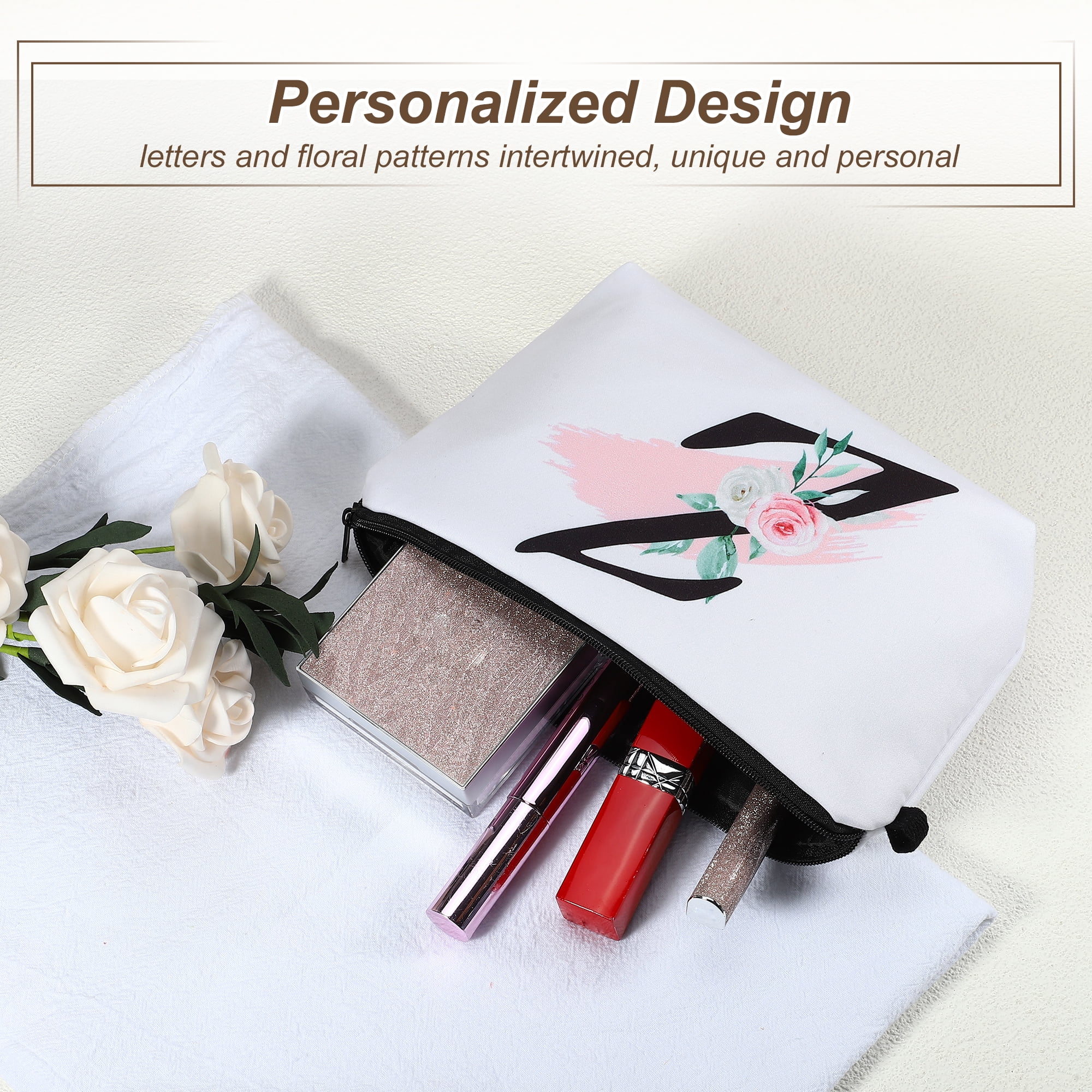 Unique Bargains Personalized Makeup Bag Z Letter Purse Small Cosmetic Bag Zipper Monogrammed Makeup Bag Pouch White
