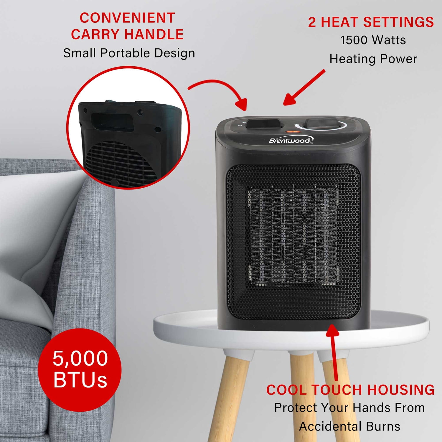 Brentwood 1,500-Watt-Max Portable Ceramic Space Heater and Fan, Black, H-C1603BK