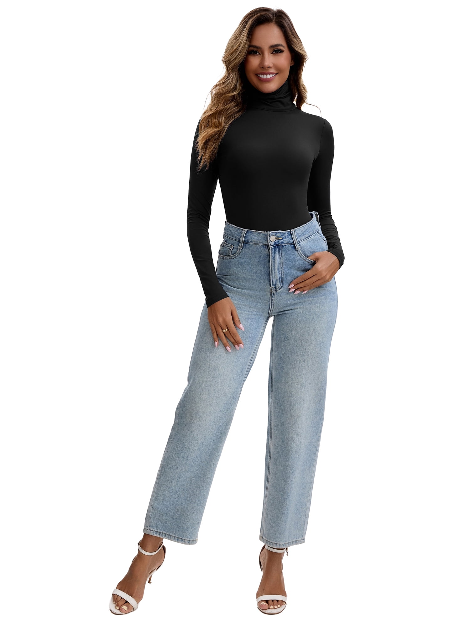 Unique Bargains Women's High Neck Tops Slim Fit Bodysuit Jumpsuit XL Black