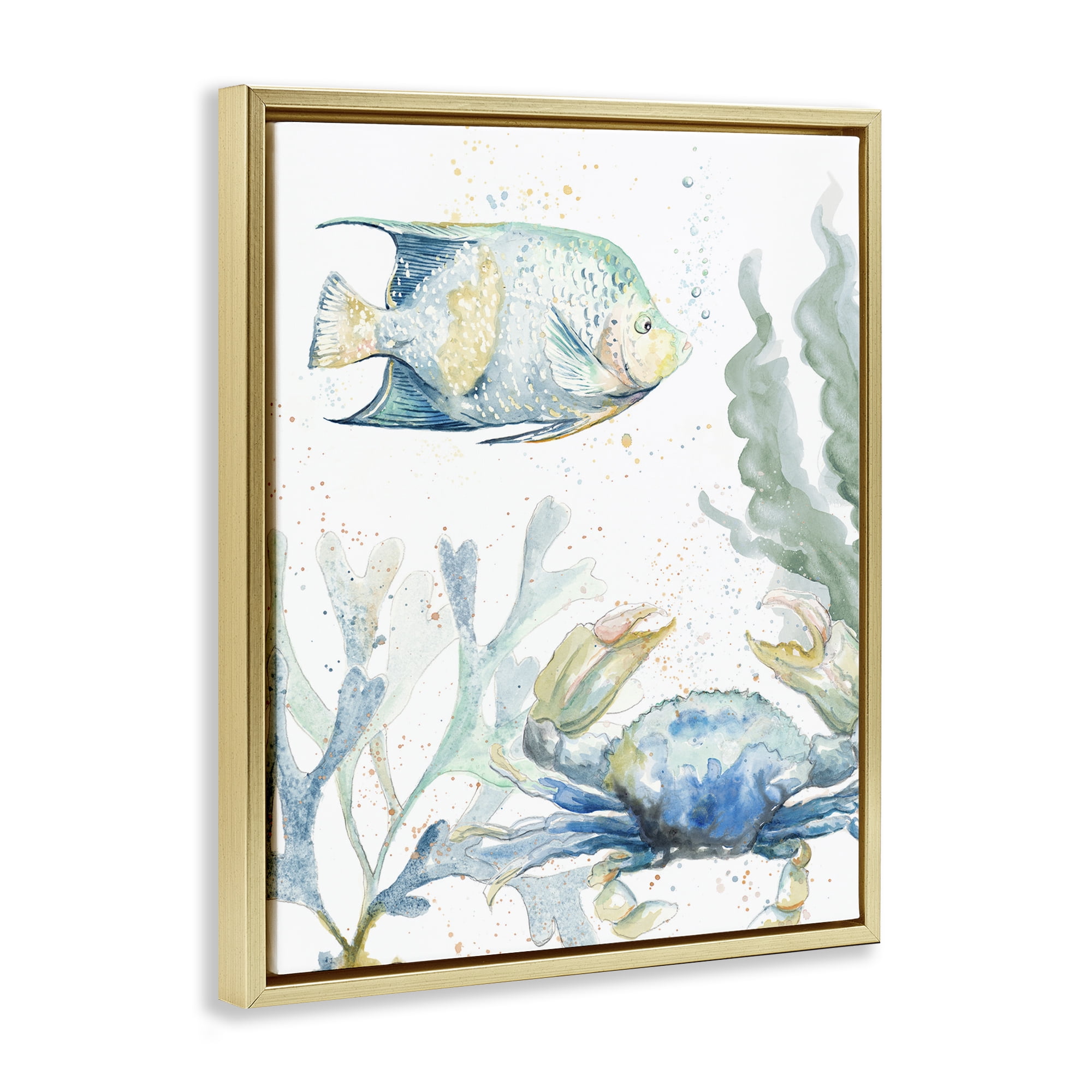 Stupell Industries Crab & Fish Scene Animals & Insects Painting Gold Floater Framed Canvas Art Print Wall Art, 17 x 21