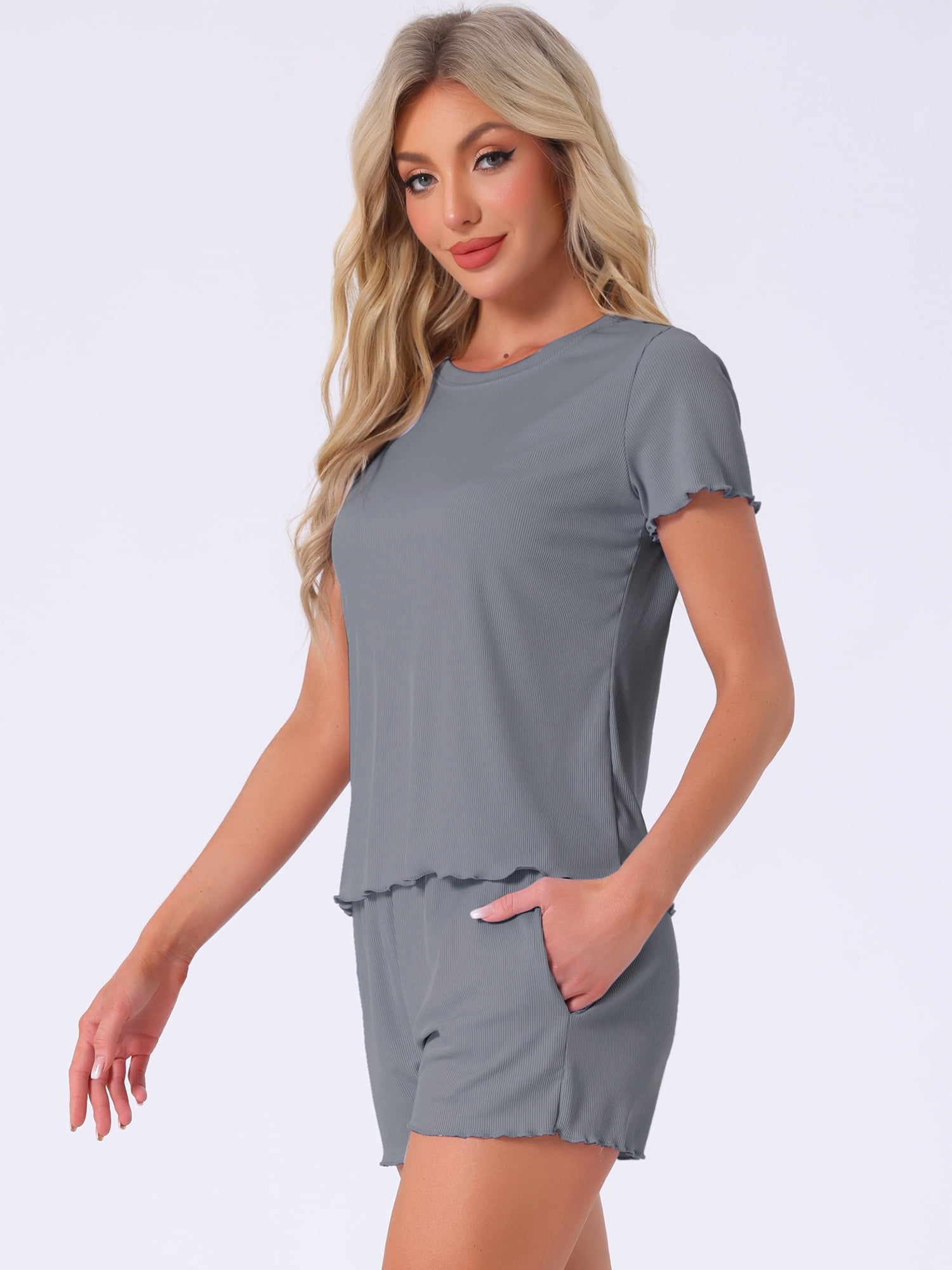 DARING DIVA Ribbed Knit Pajama Set Soft Short Sleeve Top S Grey
