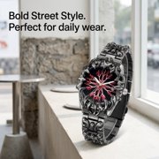 Men's Gothic Flame Bezel Evil Eye Dial Quartz Watch, Stainless Steel Bracelet with Date Display