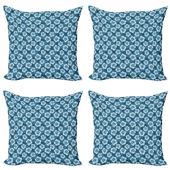 Blue Throw Pillow Cushion Case Pack of 4, Pattern of Hawaiian Hibiscus Flowers and Leaves Exotic Hawaii Island Nature, Modern Accent Double-Sided Print, 4 Sizes, Petrol Blue Pale Blue, by Ambesonne