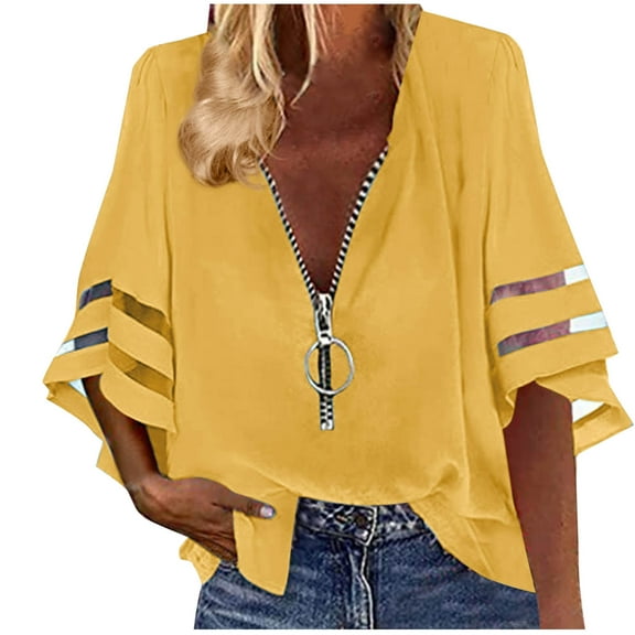 fatyb Womens Blouses Zip V Neck Mesh Patchwork Tops 3/4 Bell Sleeve Loose Dressy T Shirts for Women