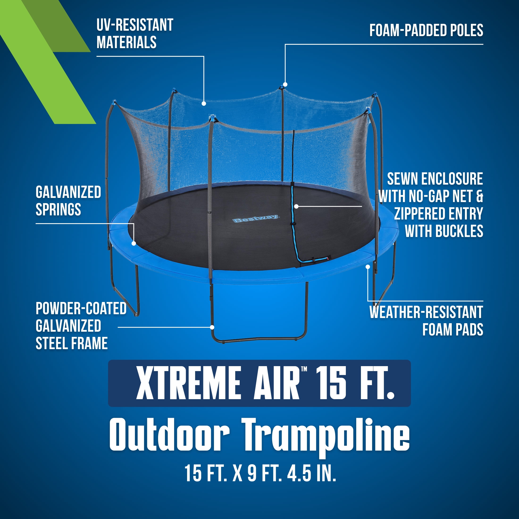 Bestway Xtreme Air 15 ft Trampoline for Kids & Adults, No-Gap Enclosure, Foam-Padded Poles