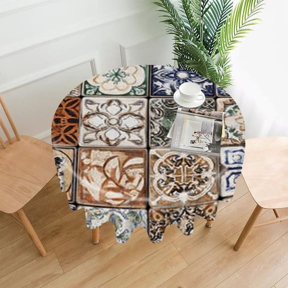 RKSupls 60 Inch Round Tablecloth, Vintage Tile Pattern Premium Polyester Straight Edge Wrinkle Resistant Washable Table Cover for Party Home Dining Decor