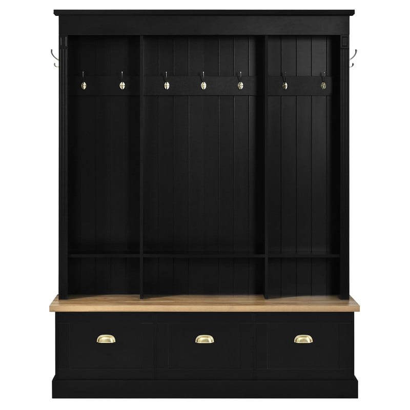 LED Lighting Hall Tree with 9 Hooks, Large Shoe Storage Bench with 3 Flip-Down Cabinets, Farmhouse Entryway Coat Rack Organizer