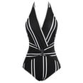 thumbnail image 4 of Grace Karin Women's Halter One Piece Swimsuit Deep V Neck Stripe Monokini Beach Swimwear Bathing Suit,S, 4 of 7