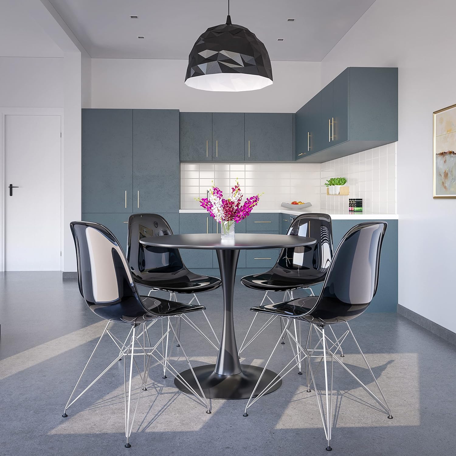 Cresco Dining Chair in Acrylic with Chrome Eiffel Base and Curved Back Design Lightweight Easy Assembly for Modern Home, Kitchen, Cafes in Transparent Black