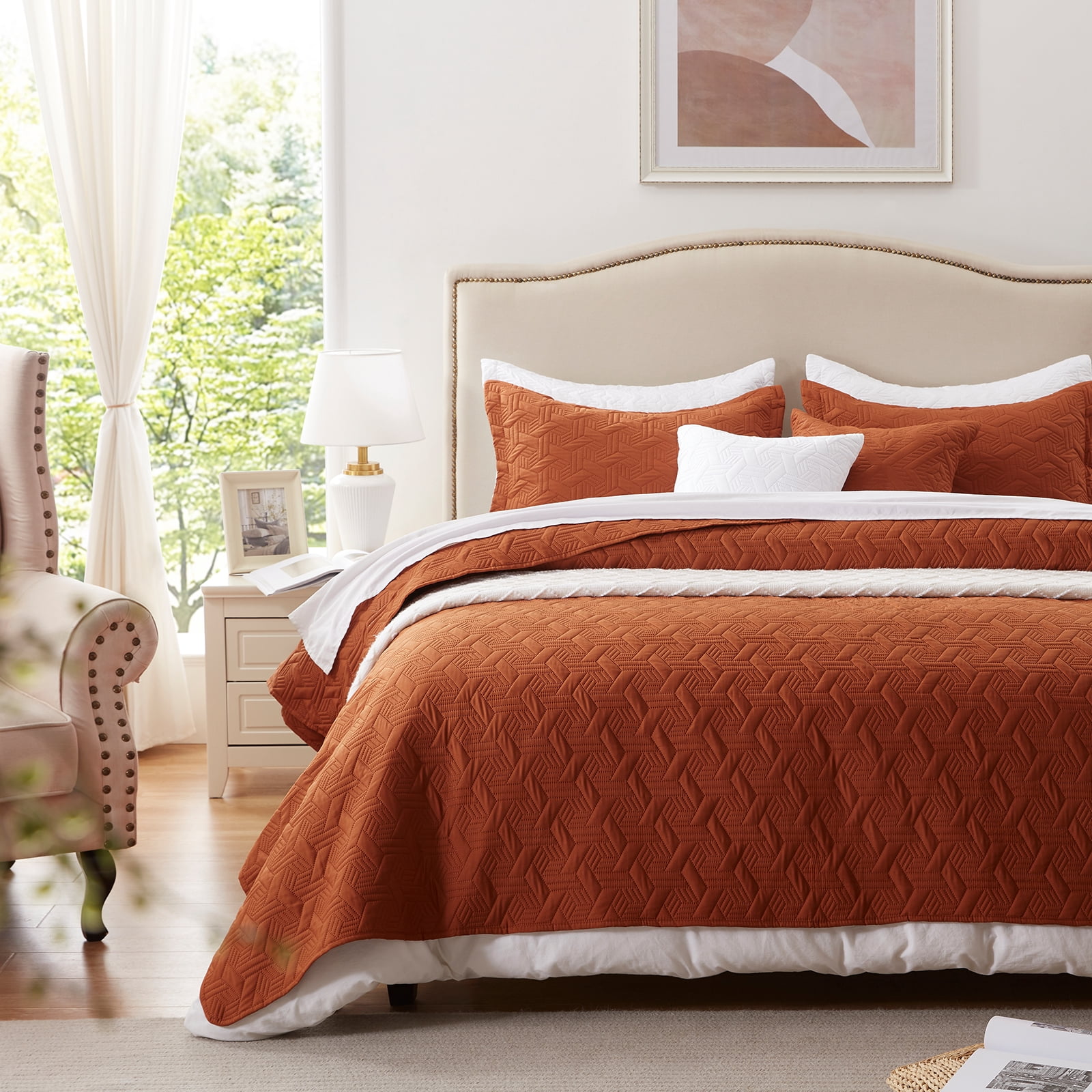 Full/Queen Quilt Set 3 Pieces, Lightweight Burnt Orange/Rust Bedspread-90''x98'', Soft Microfiber Summer Quilt, Luxurious Warm Coverlet Set for All Seasons (Includes 1 Quilt, 2 Shams)
