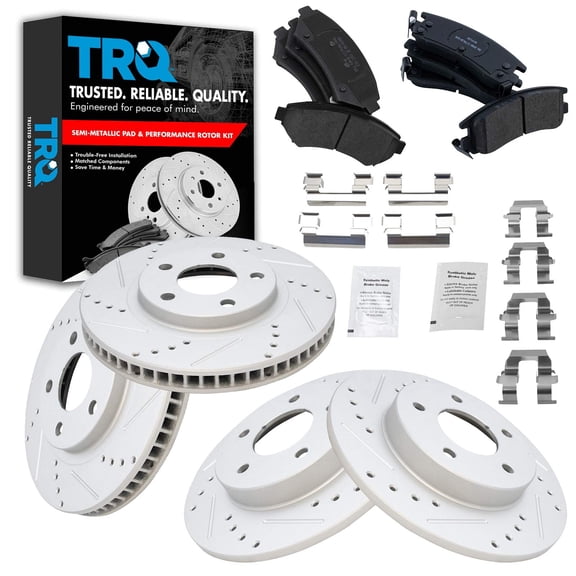 TRQ Brake Rotor Drilled & Slotted Coated & Metallic Pad Front & Rear Kit