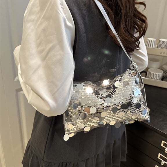 Fmbmuo Sequin Shoulder Bags Bead Zipper Medium Bags for Women, Cocktail Shoulder Strap Nylon Valentine's and Birthday Gift Silver
