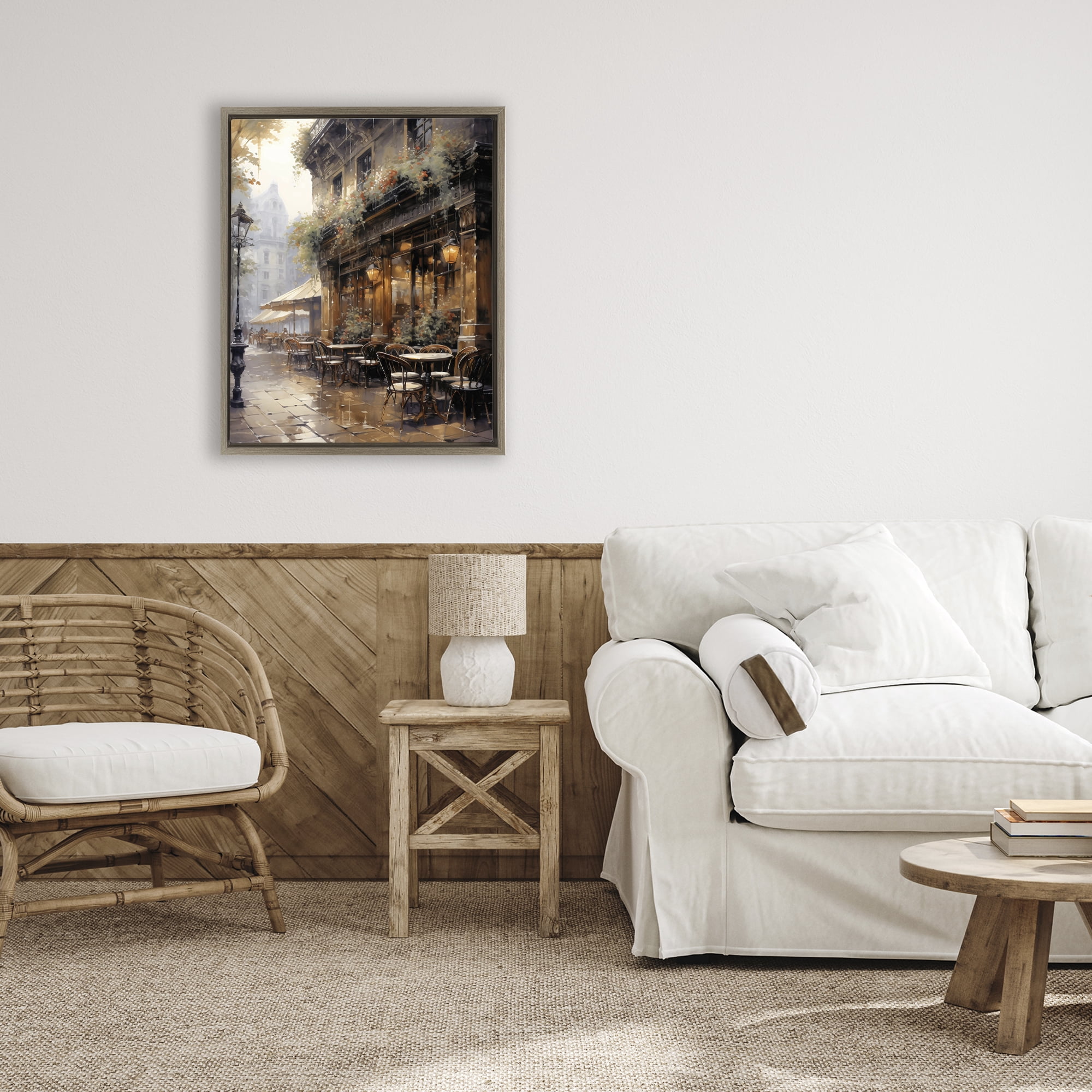 Stupell Industries Paris Street Cafe in Rain Brown Framed Floater Canvas Wall Art, design by Creative Studio