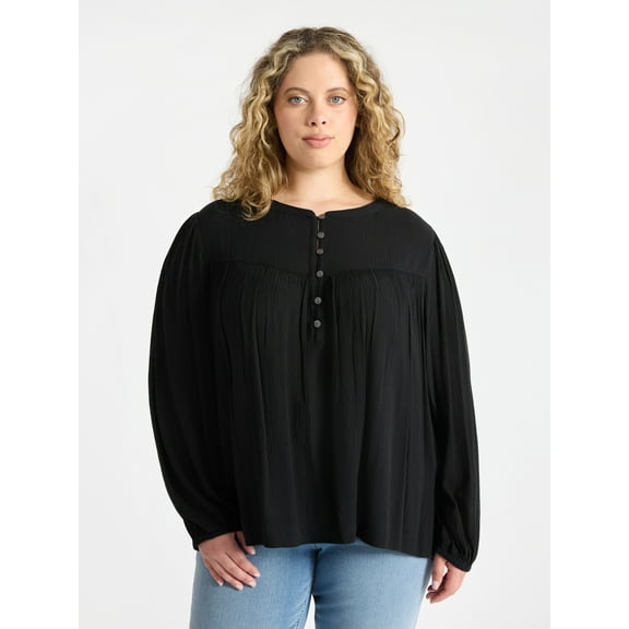 Terra & Sky Women’s Plus Peasant Blouse with Long Sleeves, Sizes 0X-5X