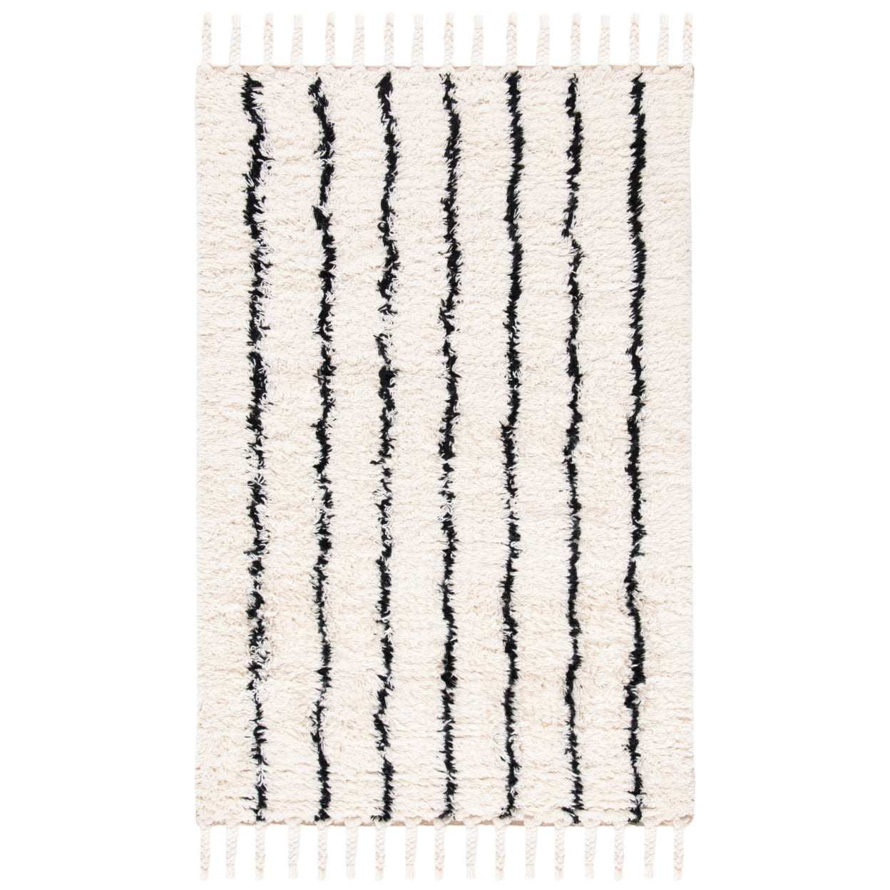 SAFAVIEH Casablanca Winifred Striped Wool Shag Area Rug, Black/Ivory, 4' x 6'
