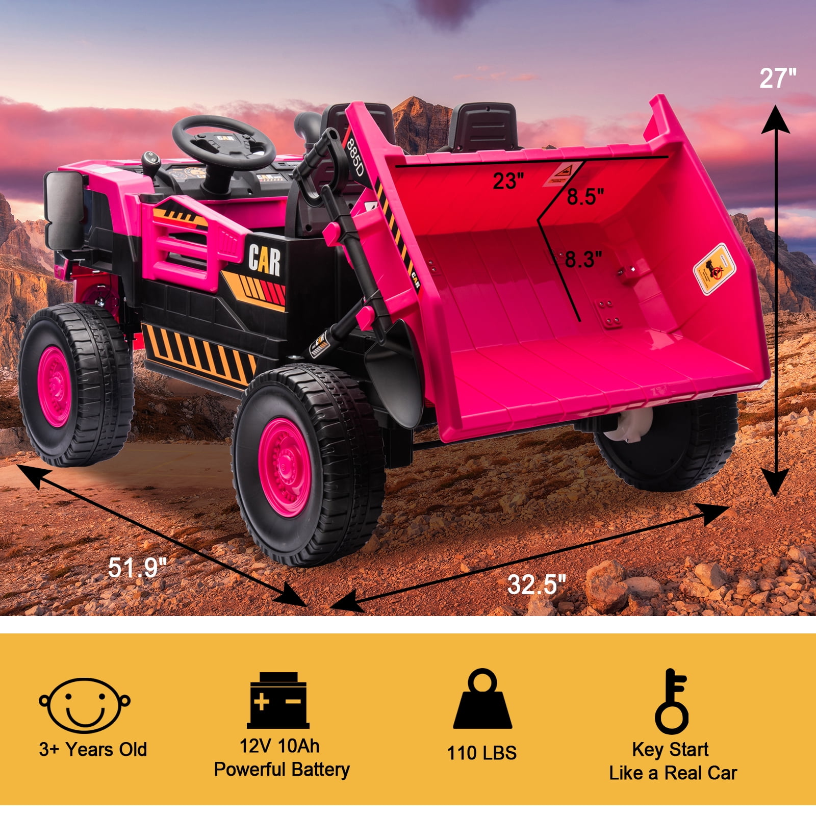 FINITO 12V 10Ah Ride on Toy for Toddlers, Powerful 4 Wheels Electric Dump Truck, 2 Seater Kids Ride on Car w/Parent Remote Control, Music Bluetooth Shove, Pink
