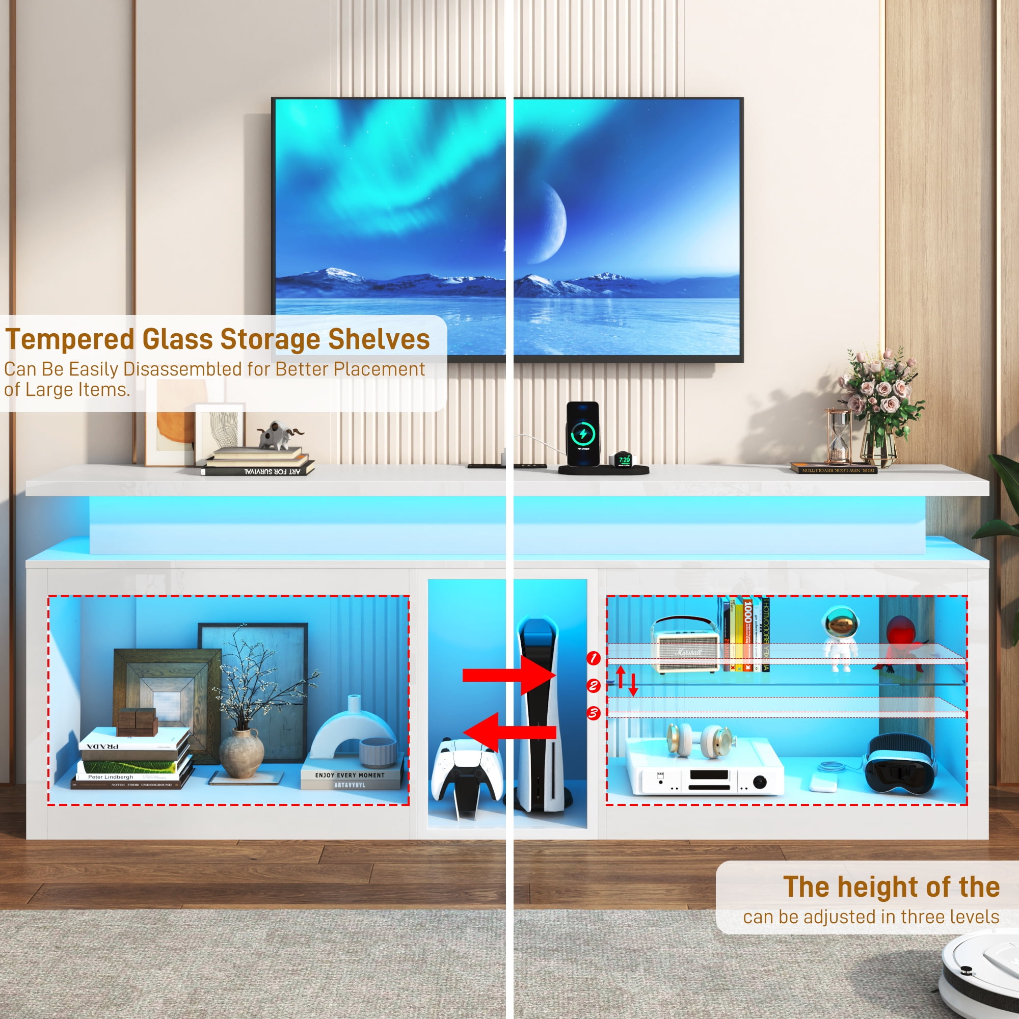 ChVans Modern LED TV Stand for TVs up to 80" with Adjustable LED Lights/Outlet, High Gloss Entertainment Center with Open Shelves Storage, Media Console TV Stands for Living Room, Game room, Bedroom