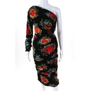 Pre-owned|Dolce & Gabbana Womens Ruched One Shoulder Floral Midi Dress Black Silk IT 40