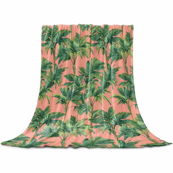 Palm Tree Tropical Flannel Blanket for Bed, Pink Summer Botanical Leaves Soft Cozy Warm Couch Throw Blanket, Lightweight Fluffy Plush Bedding Blankets for Sofa Decor All Season 50"x60"