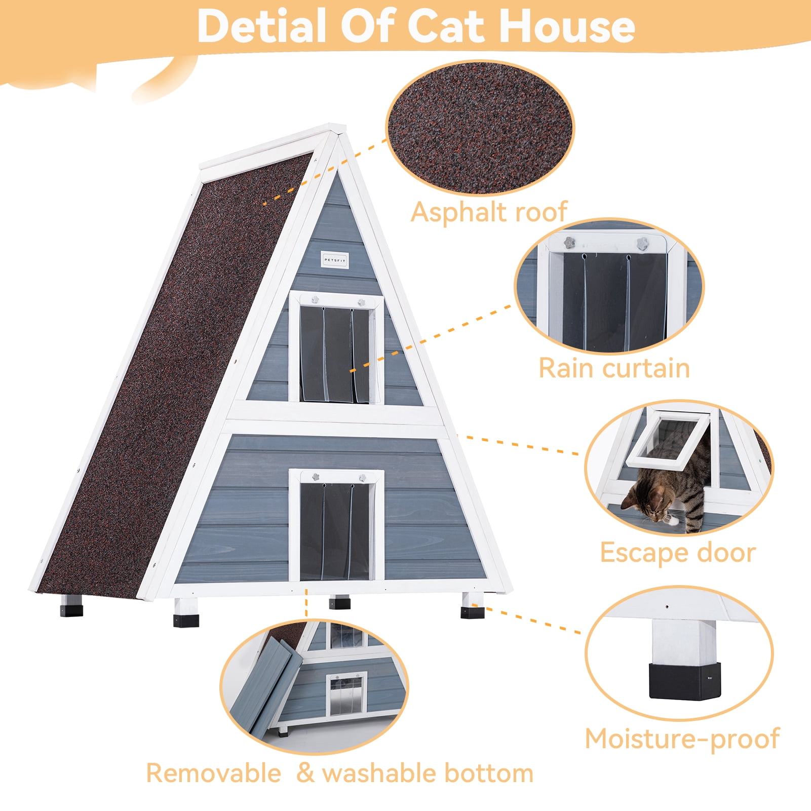 PETSFIT Weatherproof Outdoor Cat House  ，Two Level Outside Feral Cat House with Escape Door for Small Animal，31" Lx20 W x36 H，Grey