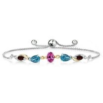 Gem Stone King 925 Silver and 10K Yellow Gold Pink Created Sapphire London Blue Topaz Red Garnet and Lab Grown Diamond Tennis Bracelet for Women By Keren Hanan (1.66 cttw, Adjustable up To 9 inch)