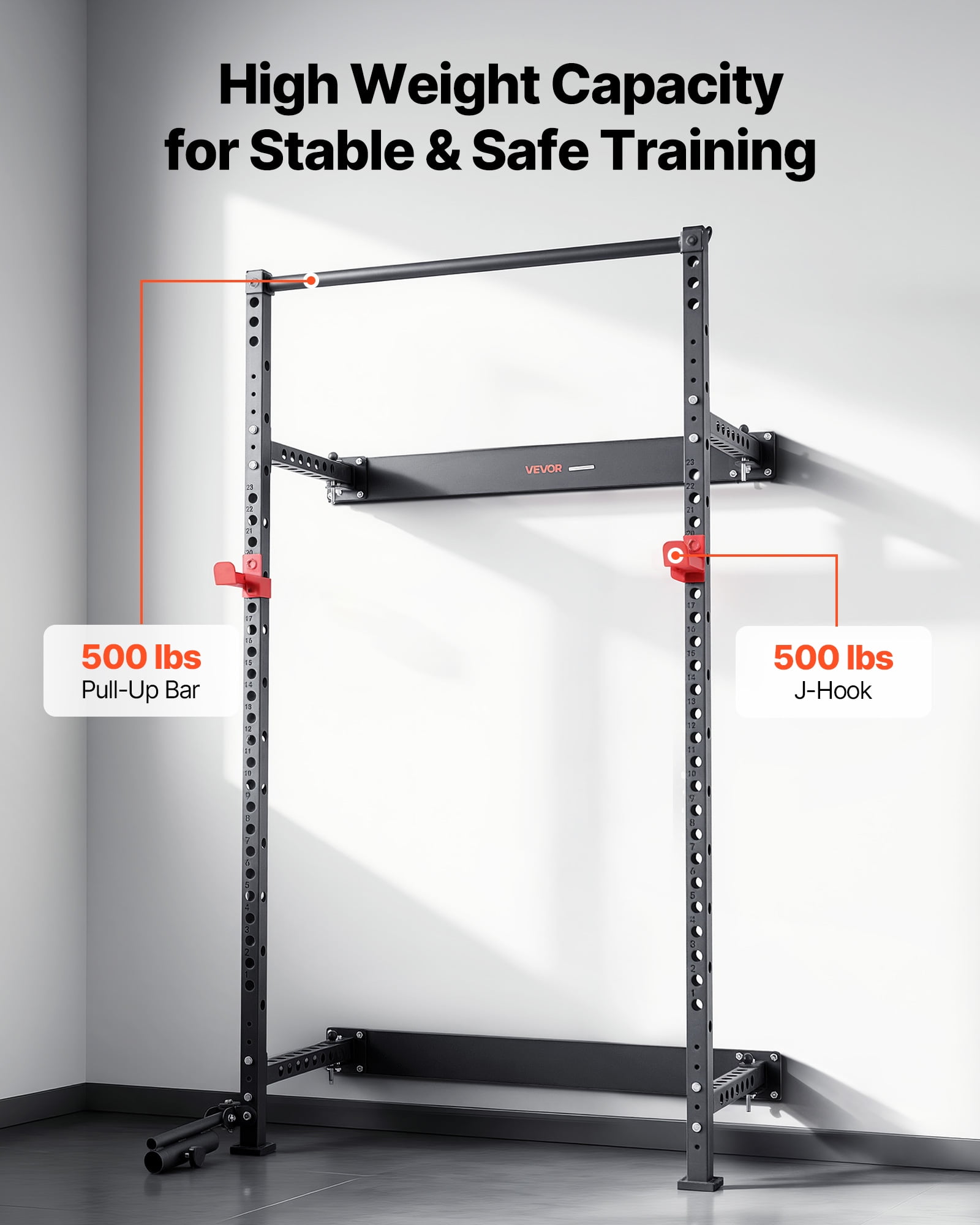 VEVOR Folding Power Cage, Wall-Mounted Power Rack Squat Rack, Multifunctional Strength Training Workout Equipment with Landmine Holder, Adjustable J-Hooks & Pull-Up Bar for Home Gym, 1000LBS Capacity