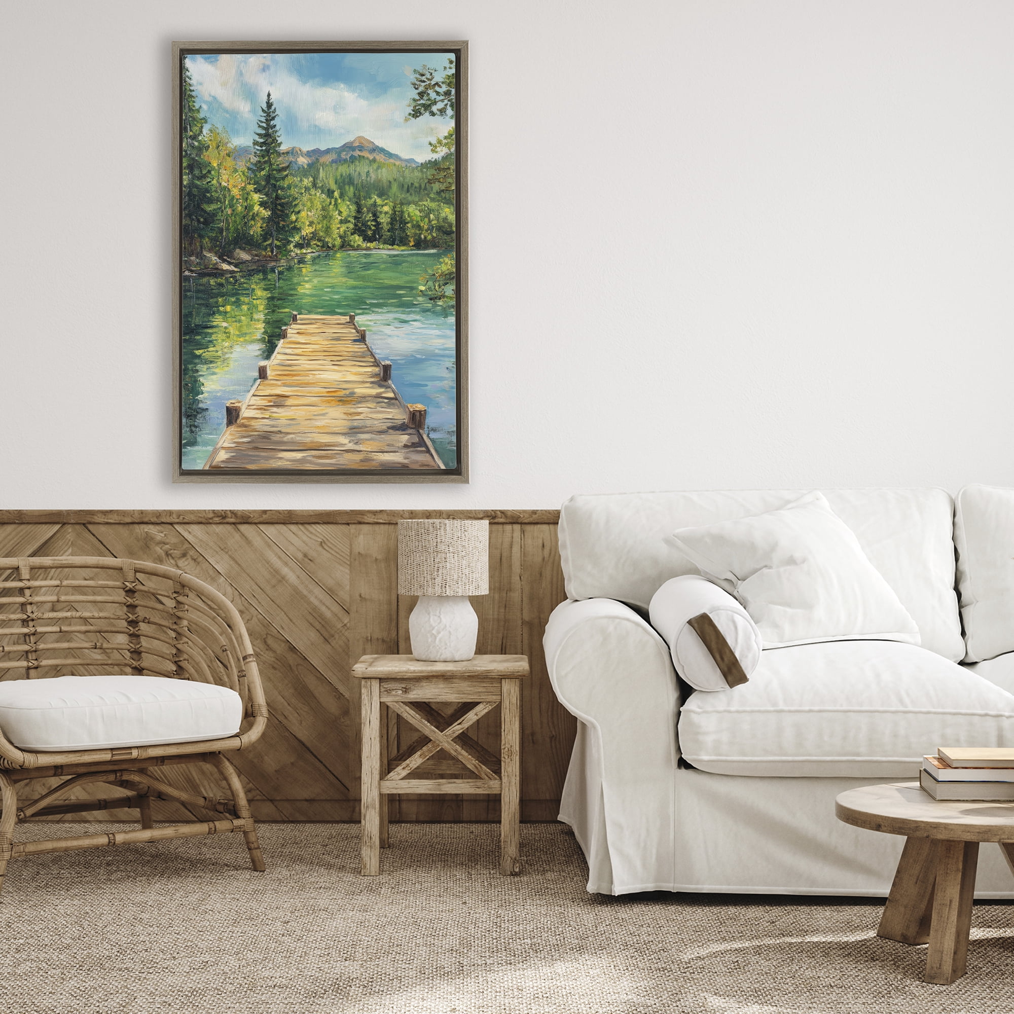 Stupell Industries Sunlit River Dock Brown Framed Floater Canvas Wall Art, design by Petal Prints Design