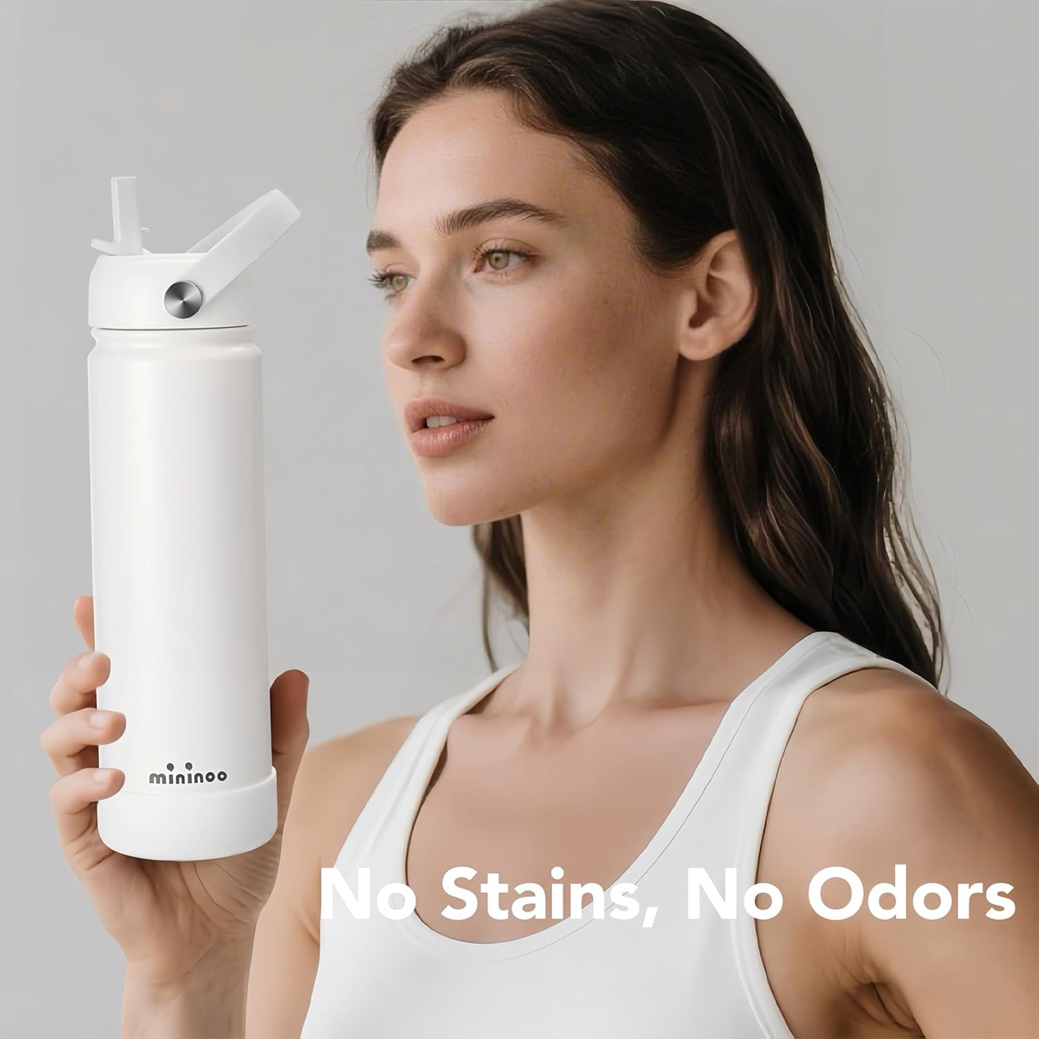 Mininoo 24 oz Insulated Stainless Steel Water Bottle with Straw Lid, Ceramic-Lined, BPA-Free, White
