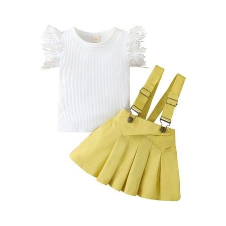 

Toddler Outfits Sets Summer Girls Lace Ruffles Fly Sleeve Solid Ribbed T Shirt Tops Suspenders Skirt Kids Clothes Suit