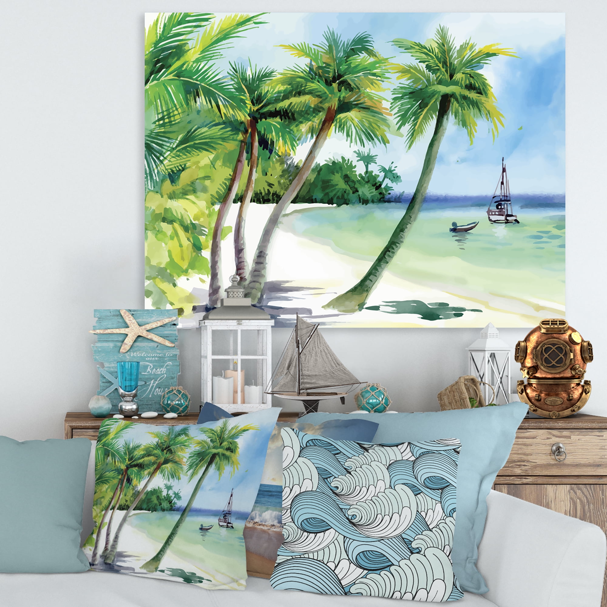 Palm Trees With Summer Beach 32 in x 16 in Painting Canvas Art Print, by Designart