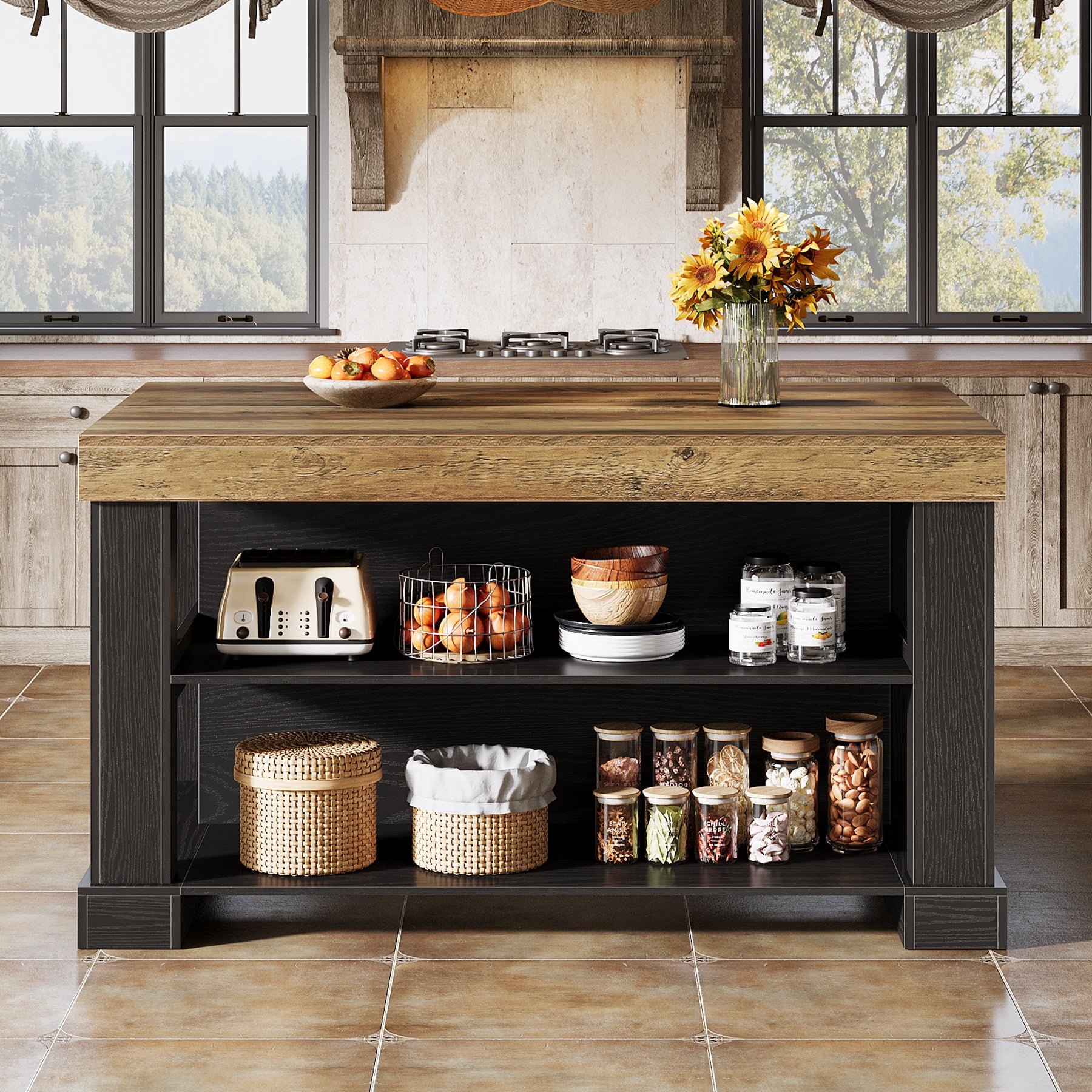 Finmind 55-inch Kitchen Island with 3 Storage Shelves, Large Farmhouse Kitchen Shelf with Spacious Worktop, Brown and Black (Easy to Assemble)