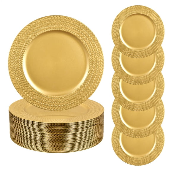 50 Pcs Gold Charger Plates Bulk, 13 Inch Round Plastic Embossed Chargers, Floral Dinner Plates for Wedding Party Table Decor(A)