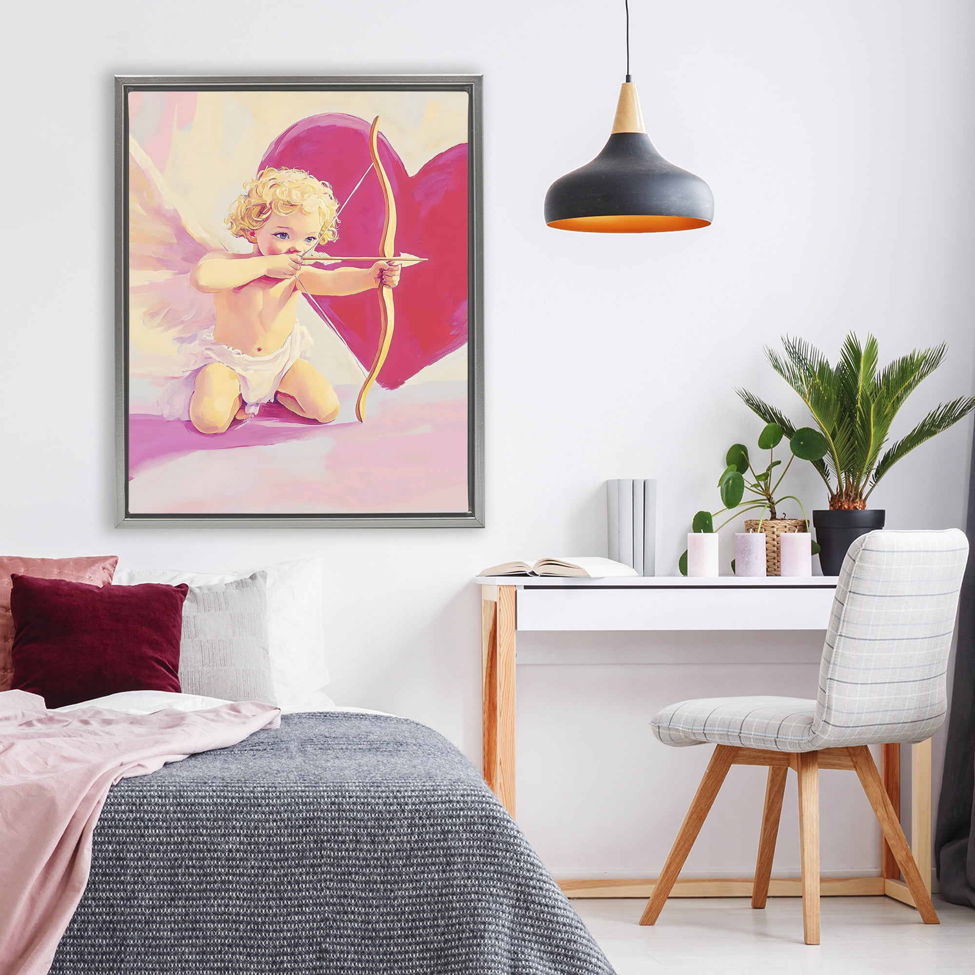 Stupell Industries Cupid Shooting Arrow with Heart Gray Framed Floater Canvas Wall Art, design by The Prints Vibe