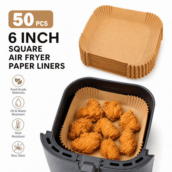 BakeHome 6 Inch Square Air Fryer Disposable Paper Liners, 50 Count Unbleached Brown Non-Stick Parchment Trays