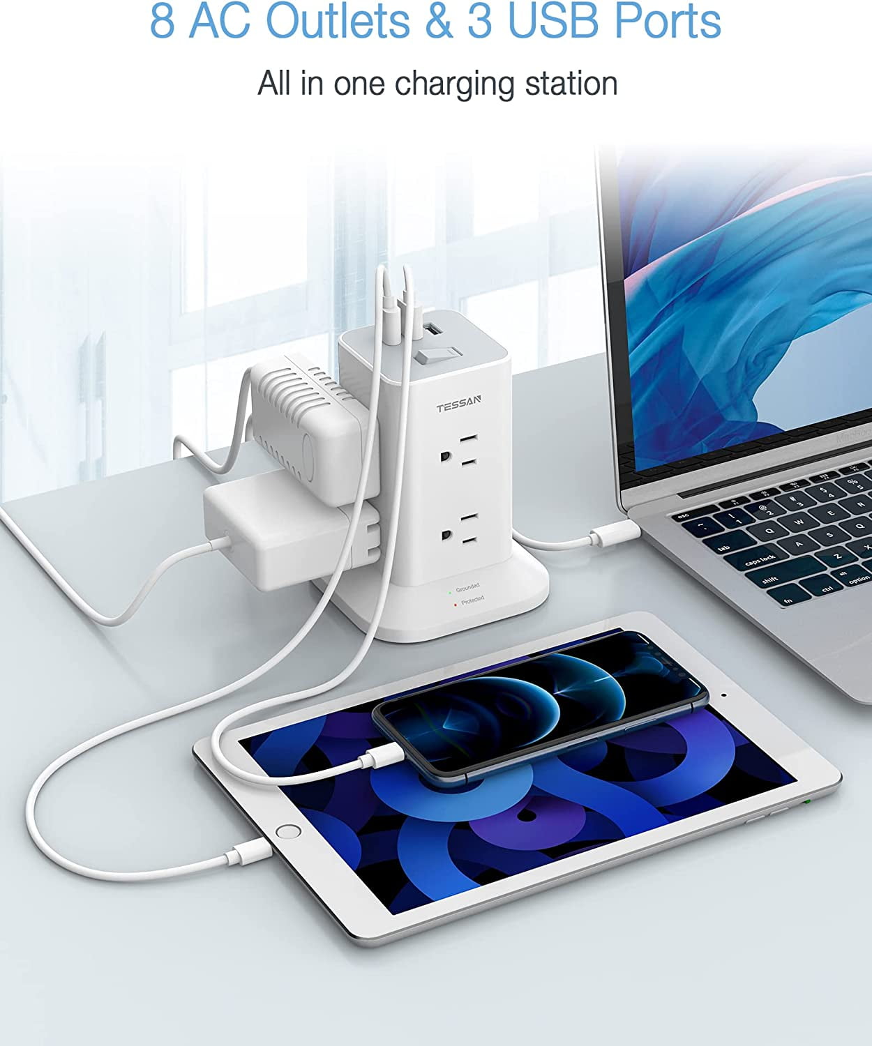 TESSAN EU Multi USB Socket Power Strip with 2 AC Outlets 2 USB Ports  (3600W/16A) Charging Wall Charger Adapter for Home/Travel