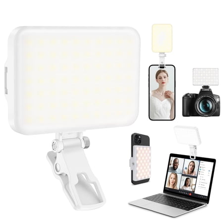 MJSHUN 60 LED Portable Selfie Light Video Conference Lighting with Clip & Camera Tripod Adapter Rechargeable 2200mAh CRI 97+ 3 Light Modes for Phone iPhone Webcam Laptop Photo Makeup (White)