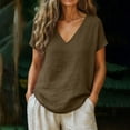 thumbnail image 2 of Pxxlle Cotton Linen Shirts Women Casual Summer V Neck T Shirt Loose Fit Short Sleeve Tops for Beach Vacation Coffee M, 2 of 7