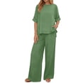 thumbnail image 5 of Costeam Womens Short Sleeve Two Piece Linen Cotton Outfit Solid V Neck Top Drawstring Wide Leg Pants Side Pocket High Waist Loose Casual Matching Set Tracksuit, 5 of 7