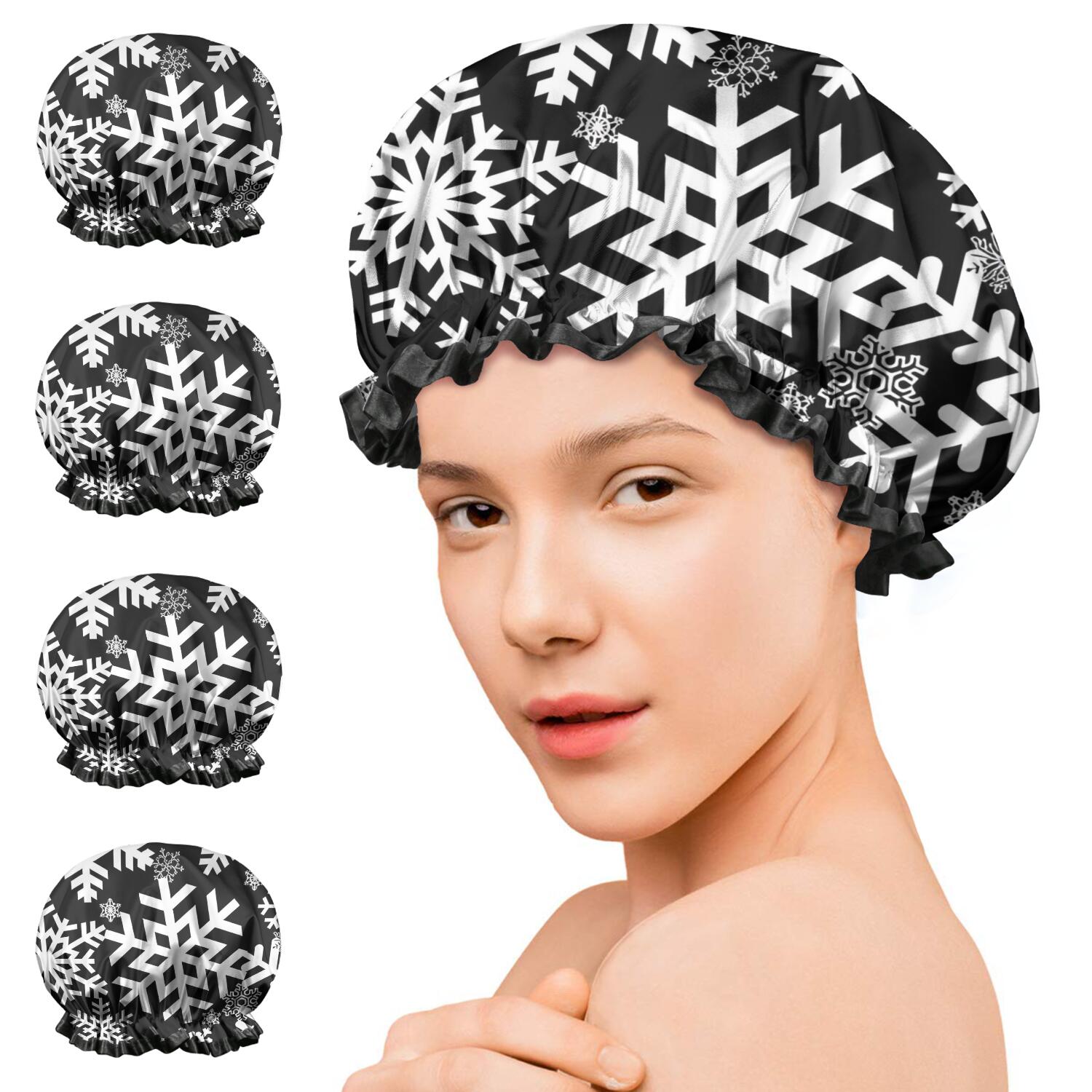 Shower Caps,Black Christmas Snowflake Pattern Waterproof Shower Cap for Women 4 Pieces,Double Reusable Hair Cover for Shower PEVA Elastic Stretch Hem