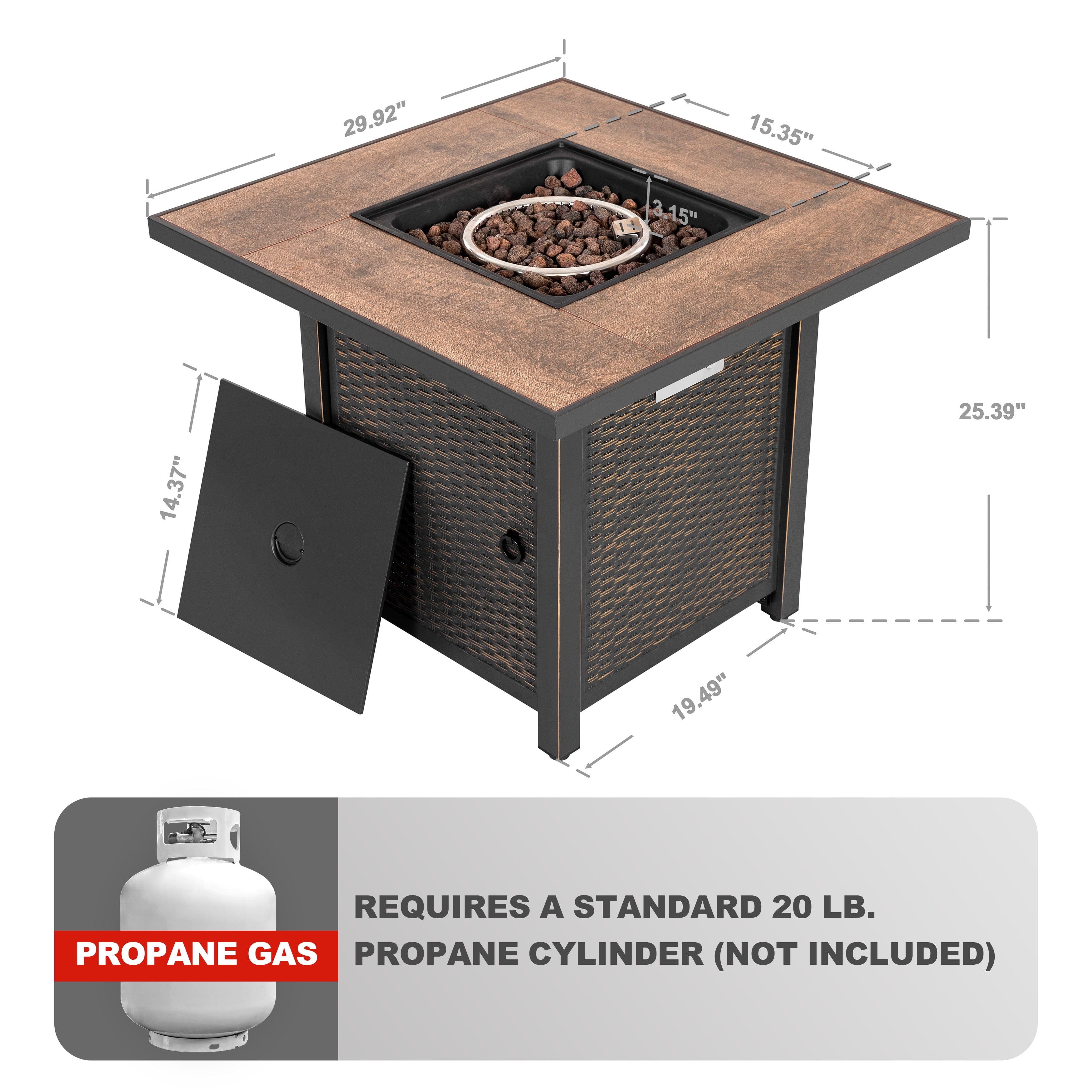 Nuu Garden 30'' Patio Fire Pit Table, 50,000 BTU Propane Gas Fire Pit for Outside Patio, With Lid and Lava Rocks, Ceramic Tile Tabletop, Black
