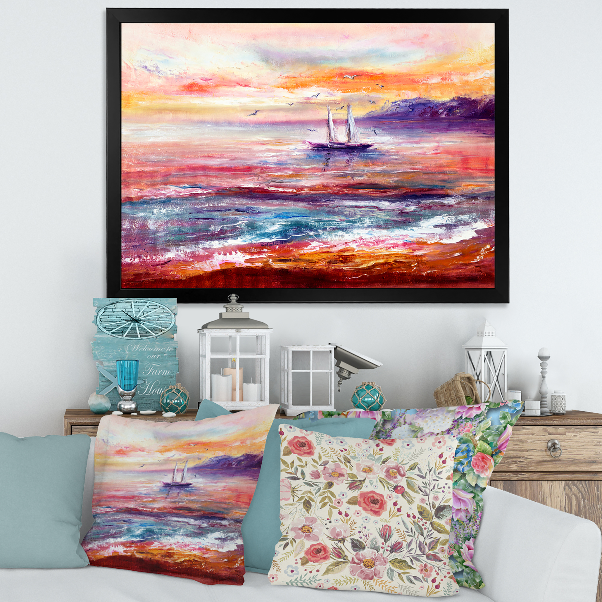 Boat On The Ocean During Vibrant Sunset Glow 40 in x 30 in Framed Painting Canvas Art Print, by Designart