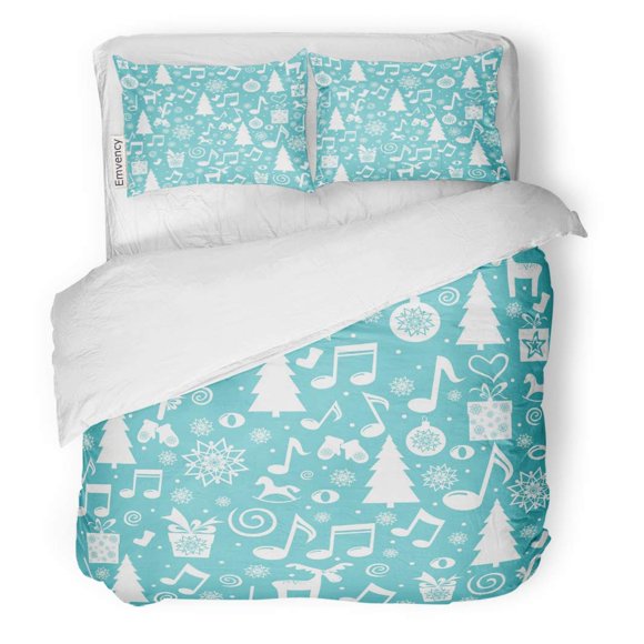 RYLABLUE 3 Piece Bedding Set Blue Music Merry Christmas of Tree Musical Notes Deer Snowflake Stars and Box Green Twin Size Duvet Cover with 2 Pillowcase for Home Bedding Room Decoration