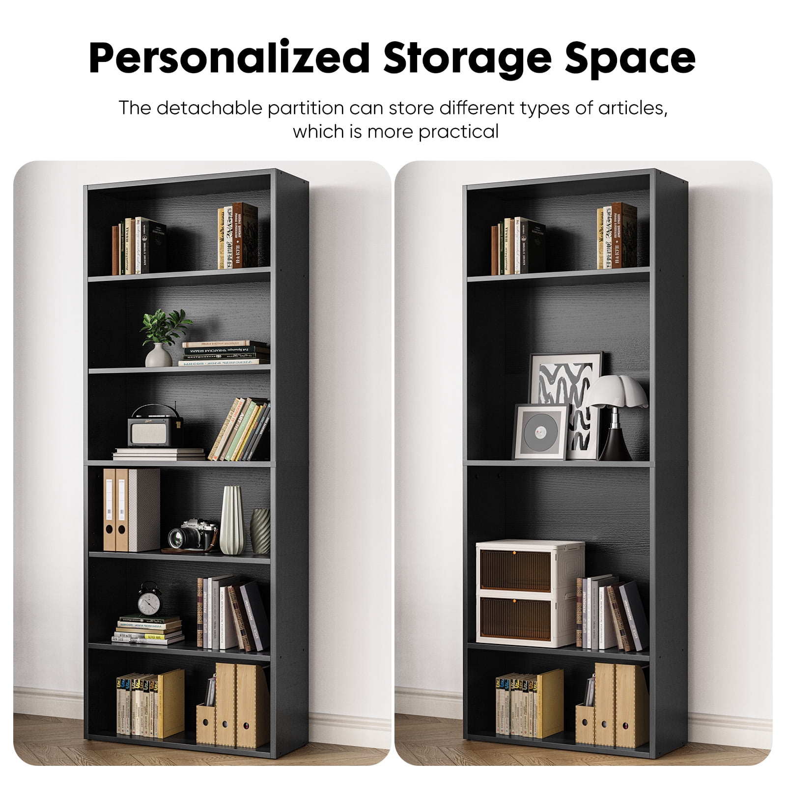 CONCETTA 63 Inch"H 6 Shelf Bookcase, Large Storage Floor Standing Open Bookshelf for Home, Office, Black