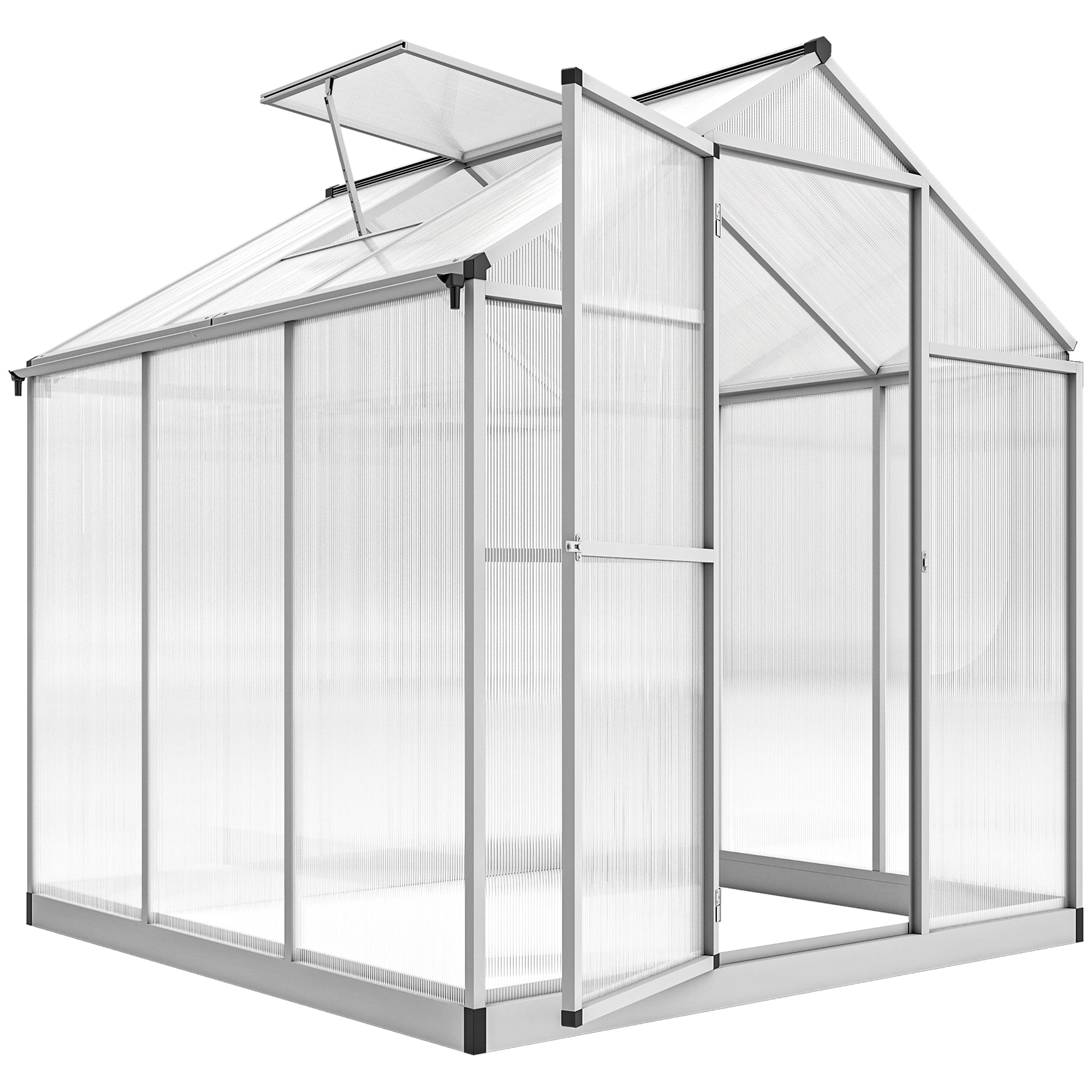 Outsunny 6' L x 6' W Walk-In Polycarbonate Greenhouse with Roof Vent for Ventilation & Rain Gutter, Hobby Greenhouse for Winter