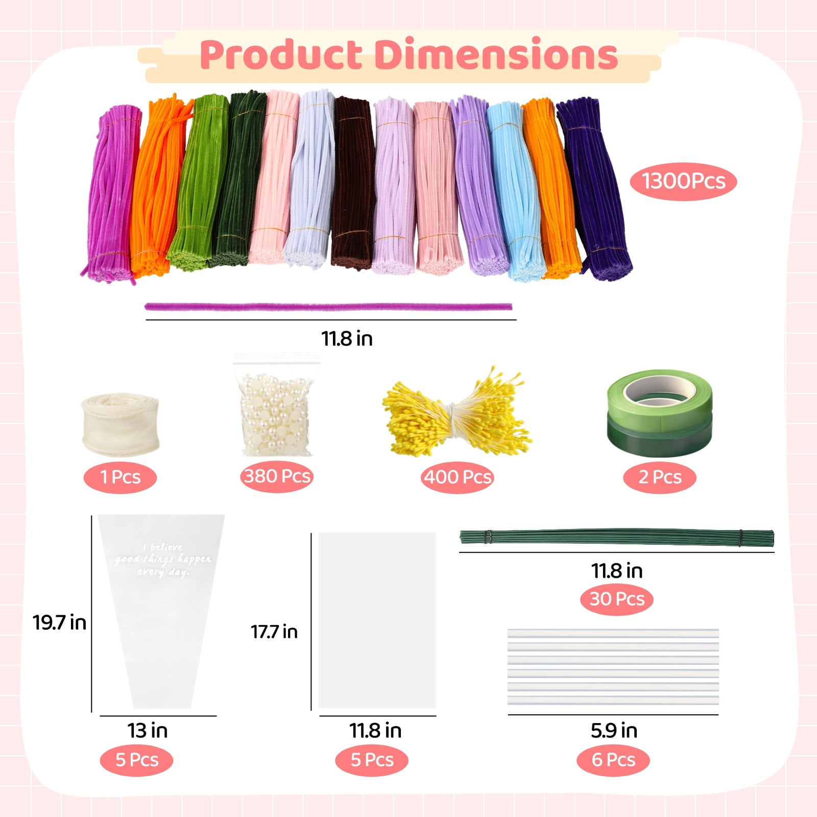 1300 Pcs Pipe Cleaners Craft Set, Chenille Stems in 13 Colors, 30 Flower Stalks, 2 Rolls Floral Tape, Pearl Stickers and Stamens, 11.8 in Bendable Twist Sticks for DIY Art Projects