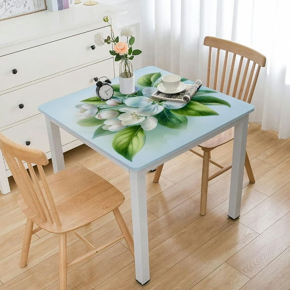 BANET Kitchen Tabelcloths,Decorative Camellia Floral Print Tassel Square Tablecloth Waterproof Table Cloth, Table Cover for Dining Room and Party (Pale Mine Green, Square) White