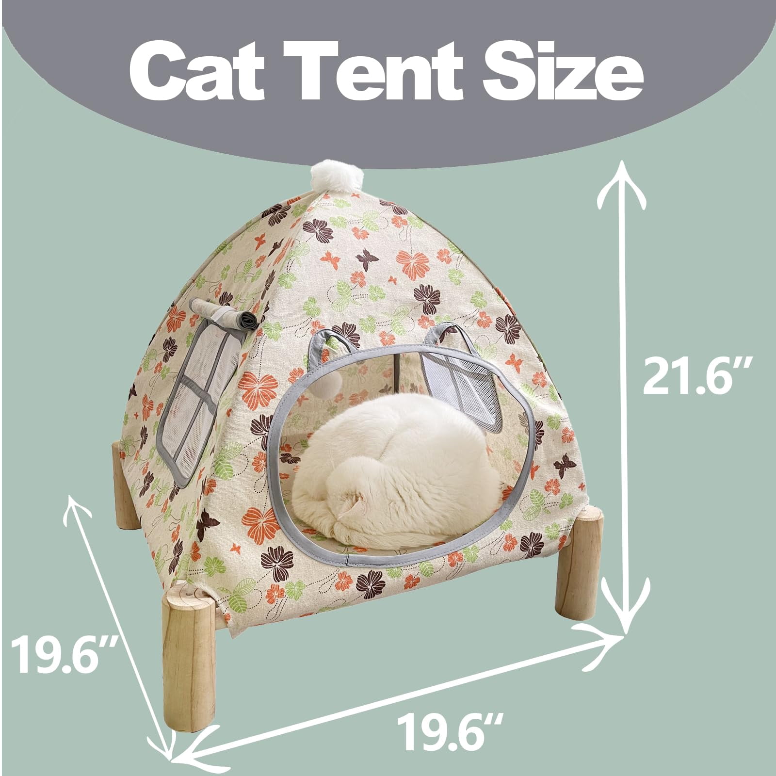 Nockovi 2-in-1 Cat Tent Wooden Frame Cat Bed Cat Hammock, quick assembly and disassembly, portable indoor/outdoor pet tent house for cats, puppies and other small animals-Butterfly and Flower