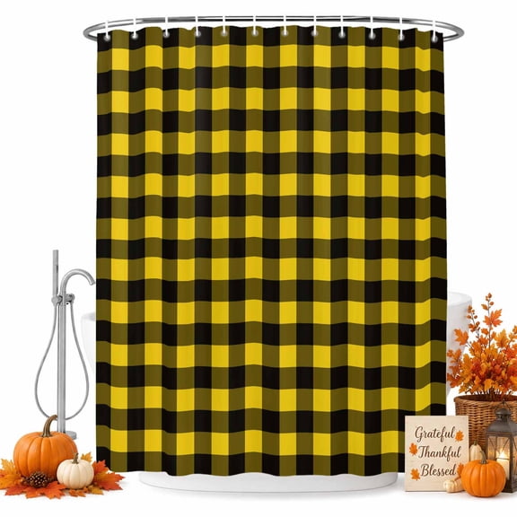 Farmhouse Black Yellow Buffalo Plaid Shower Curtain for Bathroom, Modern Checkered Waterproof Shower Curtains Washable Quick Dry with Hooks Bathtub Curtains 36x72IN